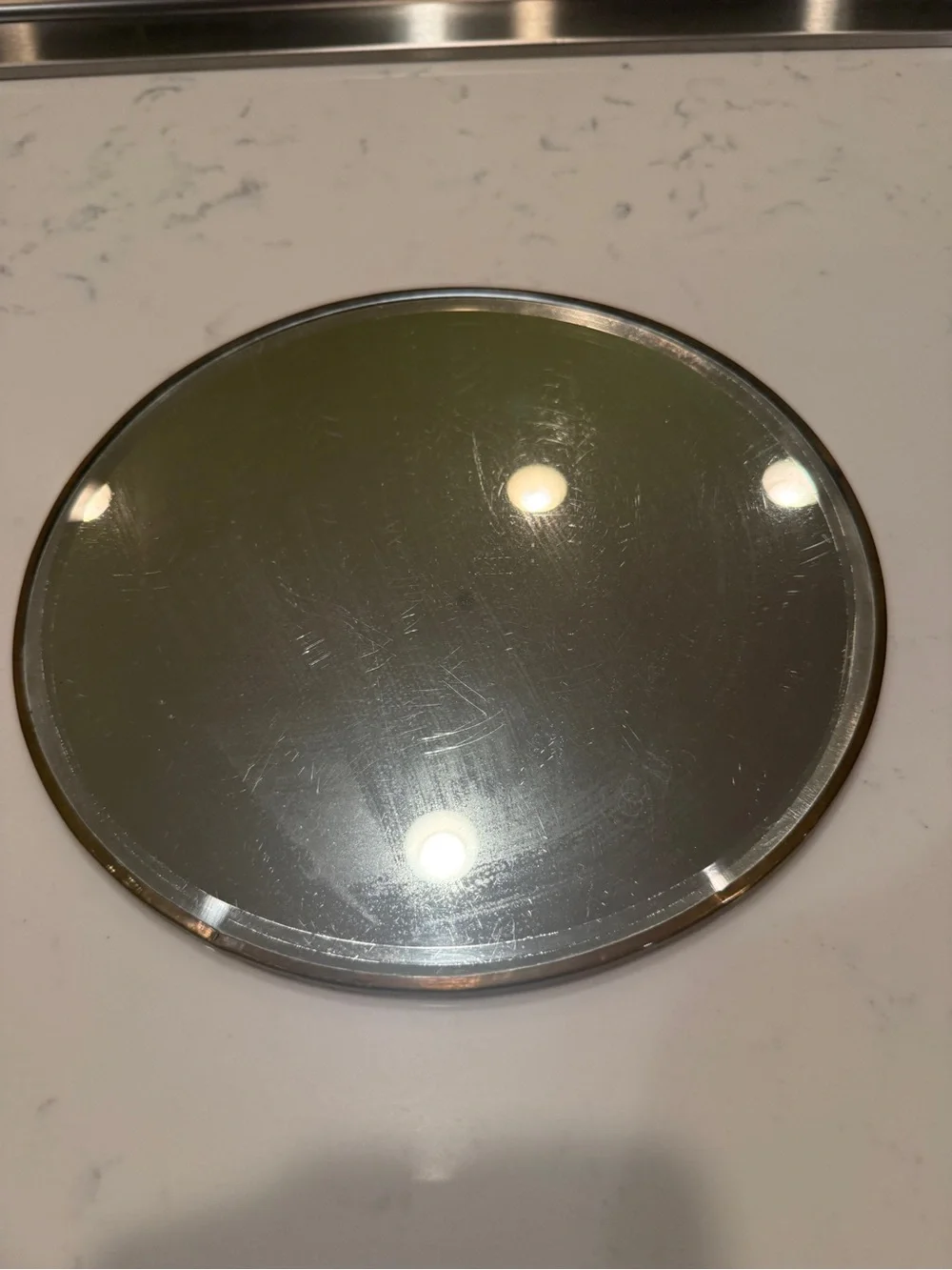 Vintage Round Mirrored Display Plateau Brass Trim 10” Centerpiece Vanity Tray